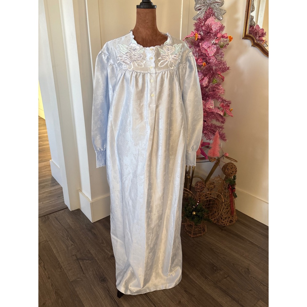 Vintage Linda Light Blue Floral‎ Jacquard Button Front Long Sleeve Nightgown L